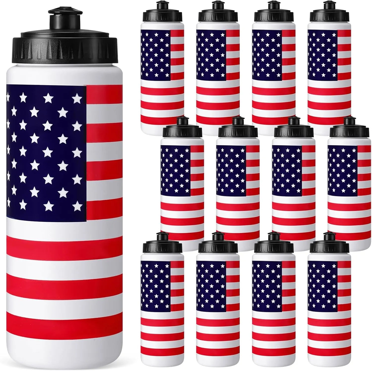 Sliner 12 Pcs 4th of July Water Bottles Bulk 20 oz Independence Day Reusable Squeeze Sports Water Bottles with No Leak Cap Patriotic Plastic Gym for Quick and Easy Hydration