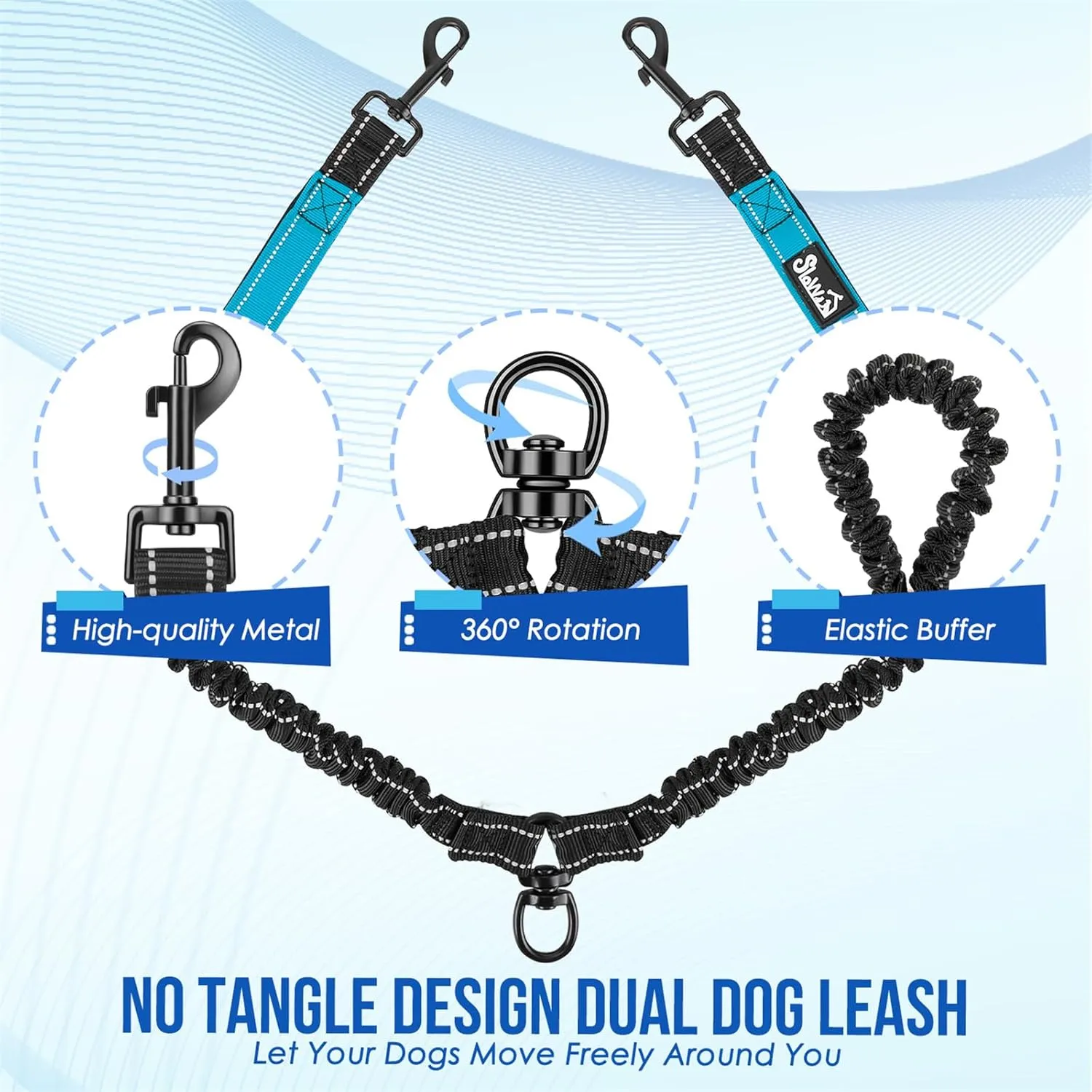 SlowTon Double Leash for Two Dogs - No Tangle Dog Leash 360° Swivel Reflective Double Dog Leashes with Two Padded Handles, Shock Absorbing Walking Training for Small Medium Dogs (Blue, 25-150 lbs)