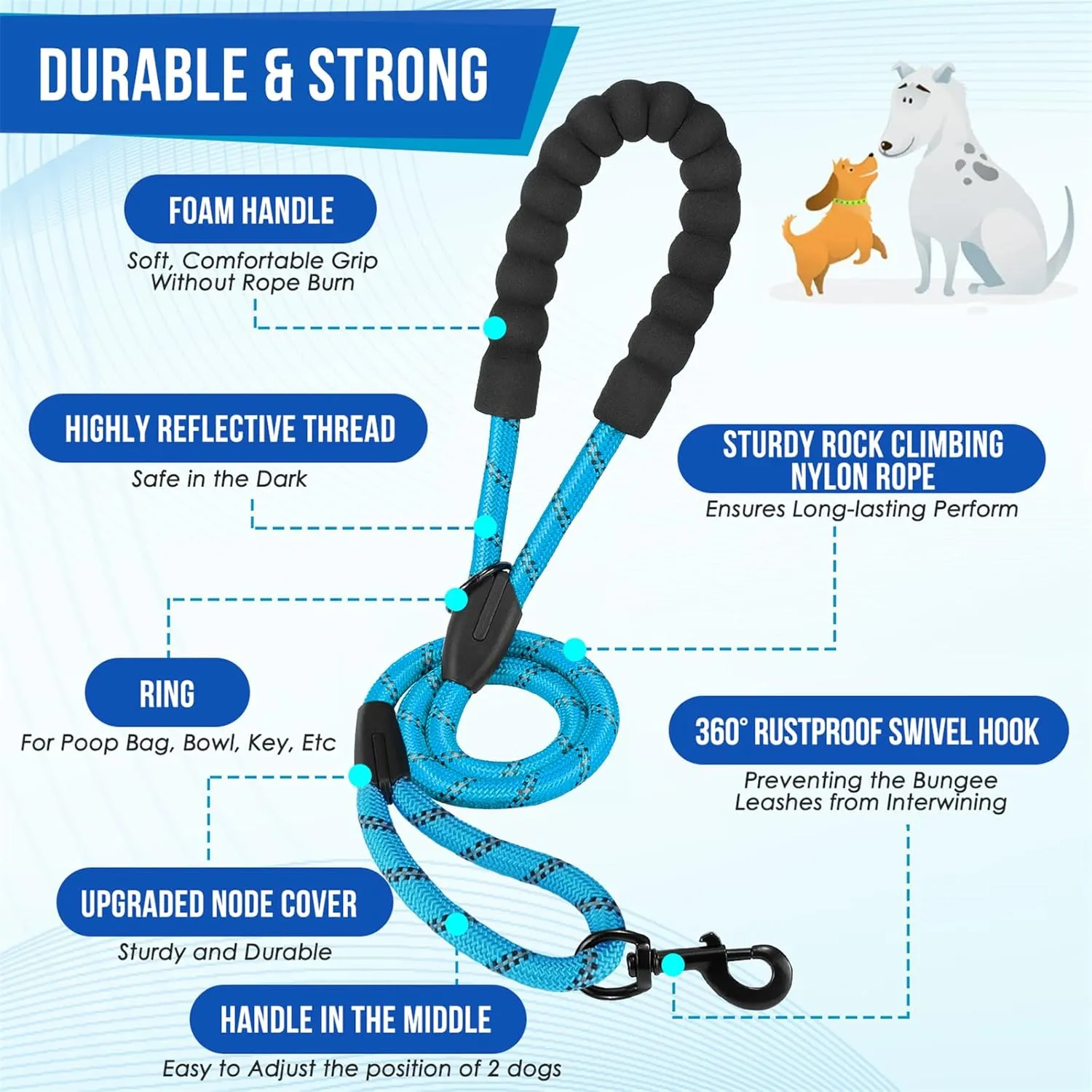 SlowTon Double Leash for Two Dogs - No Tangle Dog Leash 360° Swivel Reflective Double Dog Leashes with Two Padded Handles, Shock Absorbing Walking Training for Small Medium Dogs (Blue, 25-150 lbs)