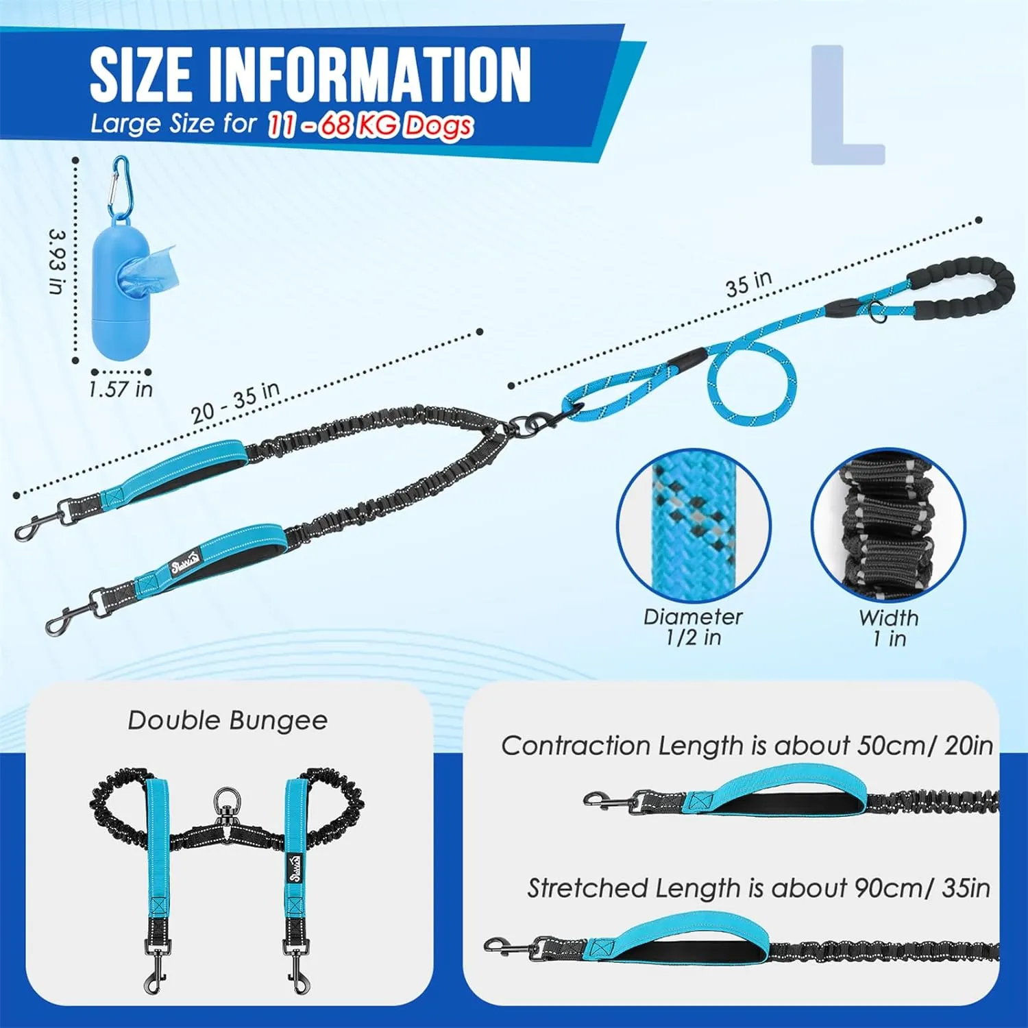 SlowTon Double Leash for Two Dogs - No Tangle Dog Leash 360° Swivel Reflective Double Dog Leashes with Two Padded Handles, Shock Absorbing Walking Training for Small Medium Dogs (Blue, 25-150 lbs)
