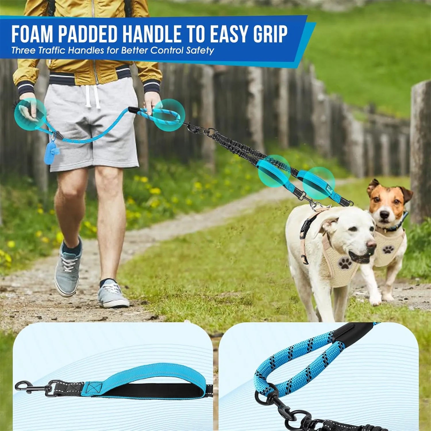 SlowTon Double Leash for Two Dogs - No Tangle Dog Leash 360° Swivel Reflective Double Dog Leashes with Two Padded Handles, Shock Absorbing Walking Training for Small Medium Dogs (Blue, 25-150 lbs)