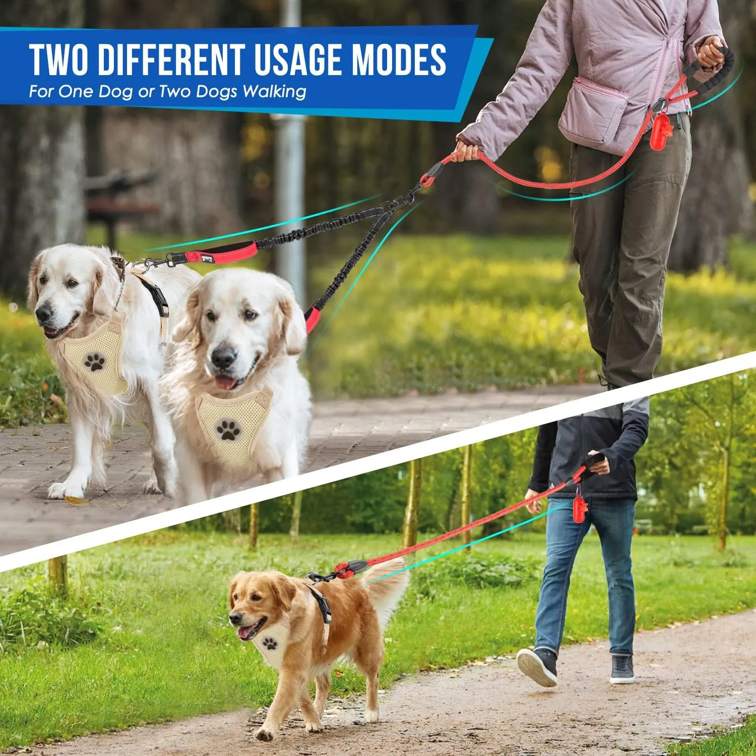 SlowTon Double Leash for Two Dogs - No Tangle Dog Leash 360° Swivel Reflective Double Dog Leashes with Two Padded Handles, Shock Absorbing Walking Training for Small Medium Dogs (Red, 25-150 lbs)
