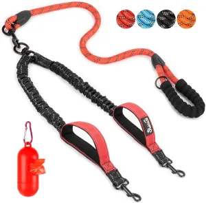 SlowTon Double Leash for Two Dogs - No Tangle Dog Leash 360° Swivel Reflective Double Dog Leashes with Two Padded Handles, Shock Absorbing Walking Training for Small Medium Dogs (Red, 25-150 lbs)