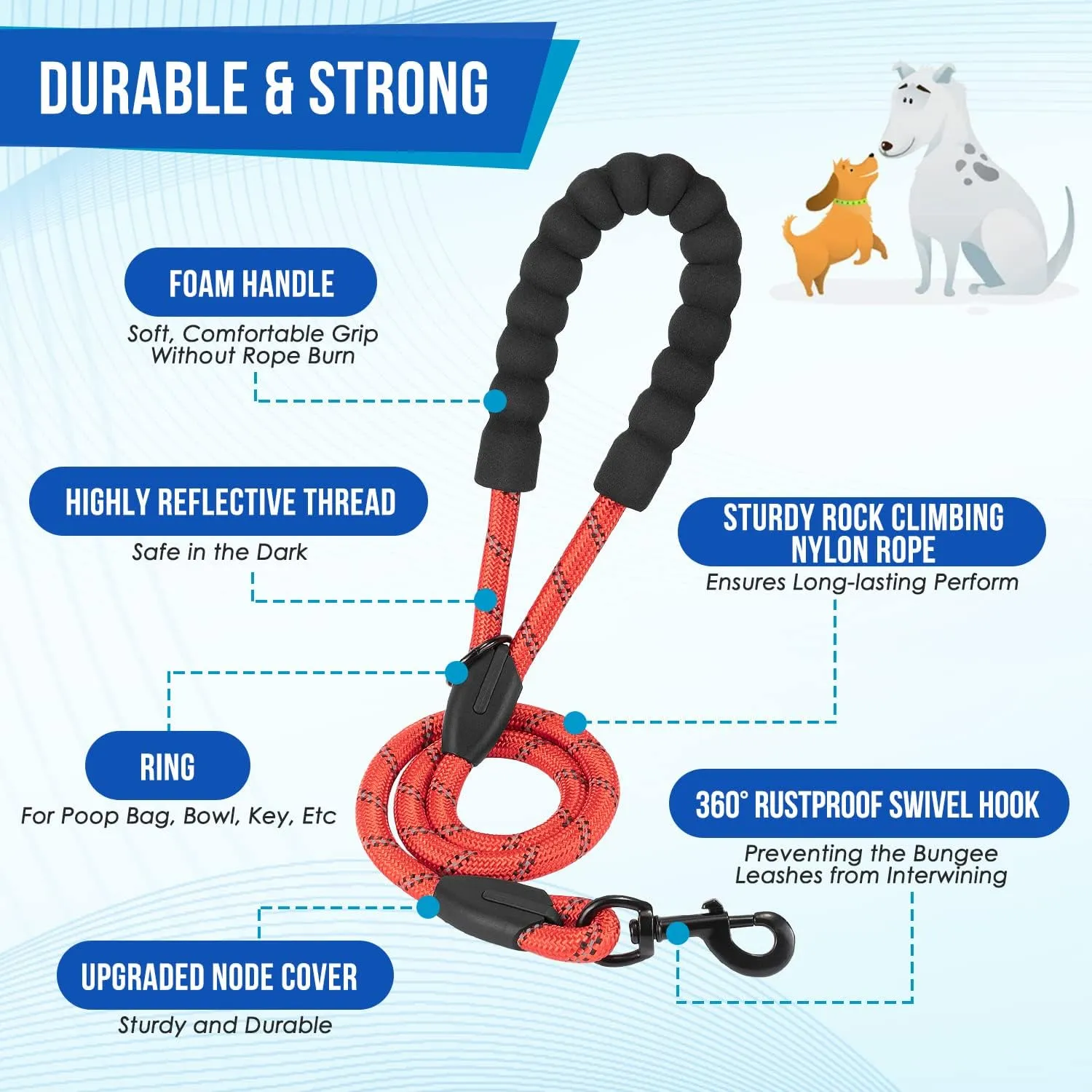 SlowTon Double Leash for Two Dogs - No Tangle Dog Leash 360° Swivel Reflective Double Dog Leashes with Two Padded Handles, Shock Absorbing Walking Training for Small Medium Dogs (Red, 25-150 lbs)