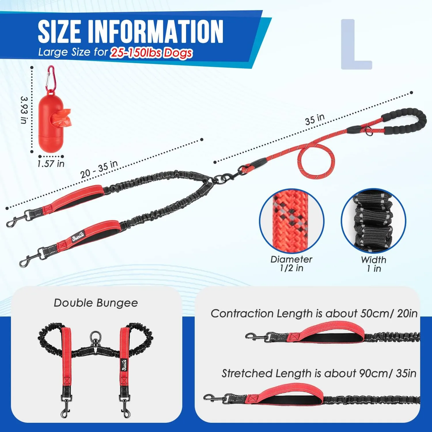SlowTon Double Leash for Two Dogs - No Tangle Dog Leash 360° Swivel Reflective Double Dog Leashes with Two Padded Handles, Shock Absorbing Walking Training for Small Medium Dogs (Red, 25-150 lbs)