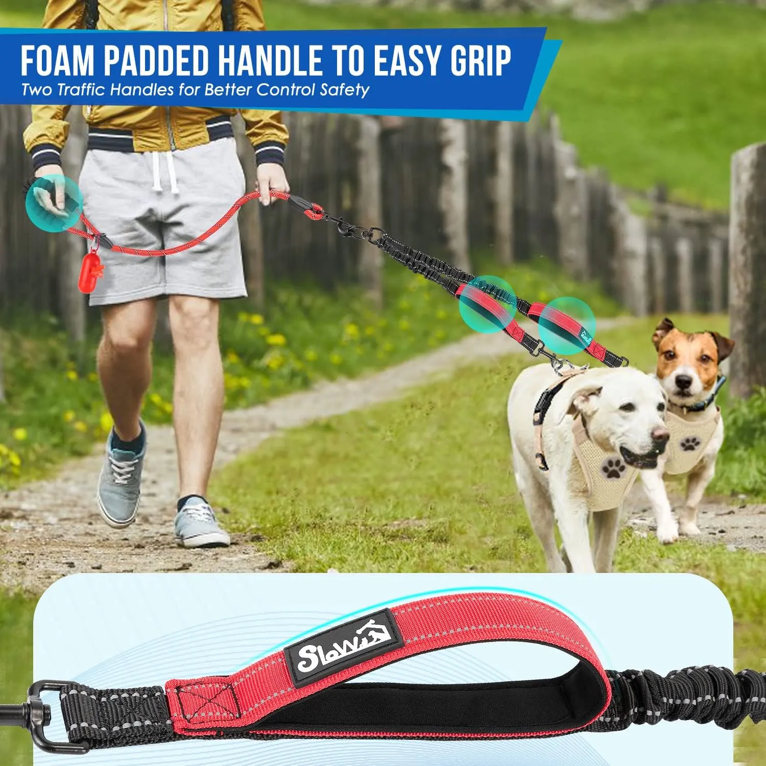 SlowTon Double Leash for Two Dogs - No Tangle Dog Leash 360° Swivel Reflective Double Dog Leashes with Two Padded Handles, Shock Absorbing Walking Training for Small Medium Dogs (Red, 25-150 lbs)