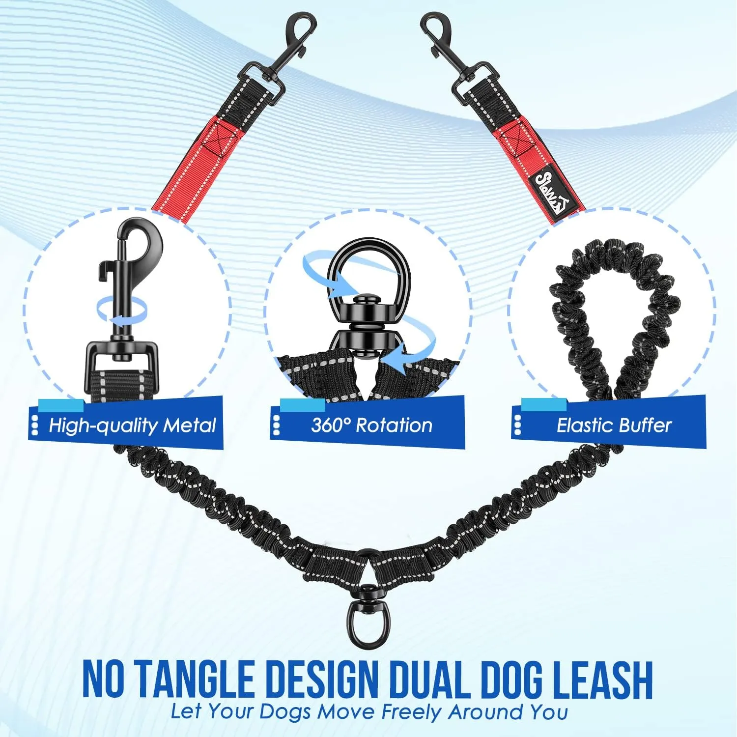 SlowTon Double Leash for Two Dogs - No Tangle Dog Leash 360° Swivel Reflective Double Dog Leashes with Two Padded Handles, Shock Absorbing Walking Training for Small Medium Dogs (Red, 25-150 lbs)
