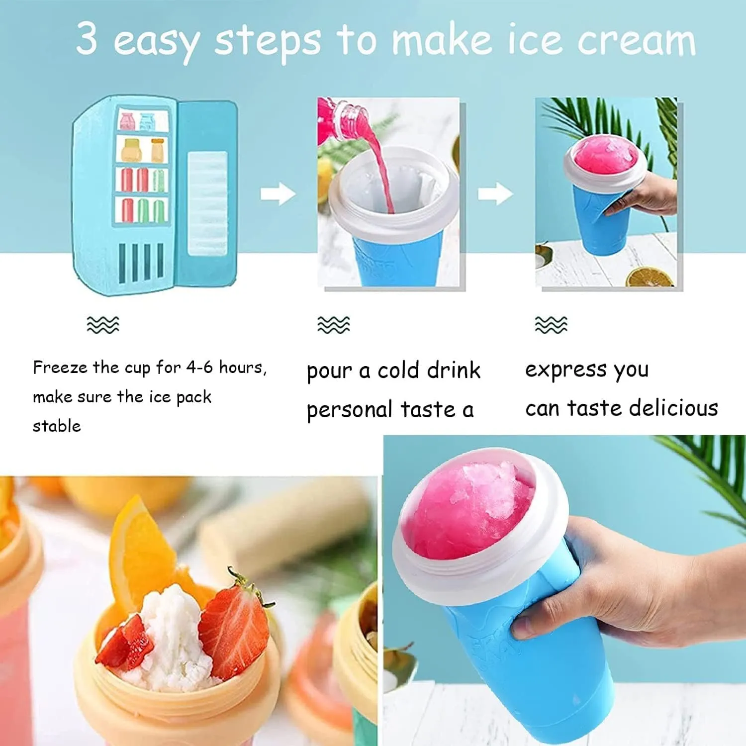 Slushy Maker Cup, Slushie Maker Cup Magic Quick Frozen Smoothies Cup Cooling Cup Double Layer Squeeze Cup, Homemade Milkshake Ice Cream Maker for Kids and Family (Blue)