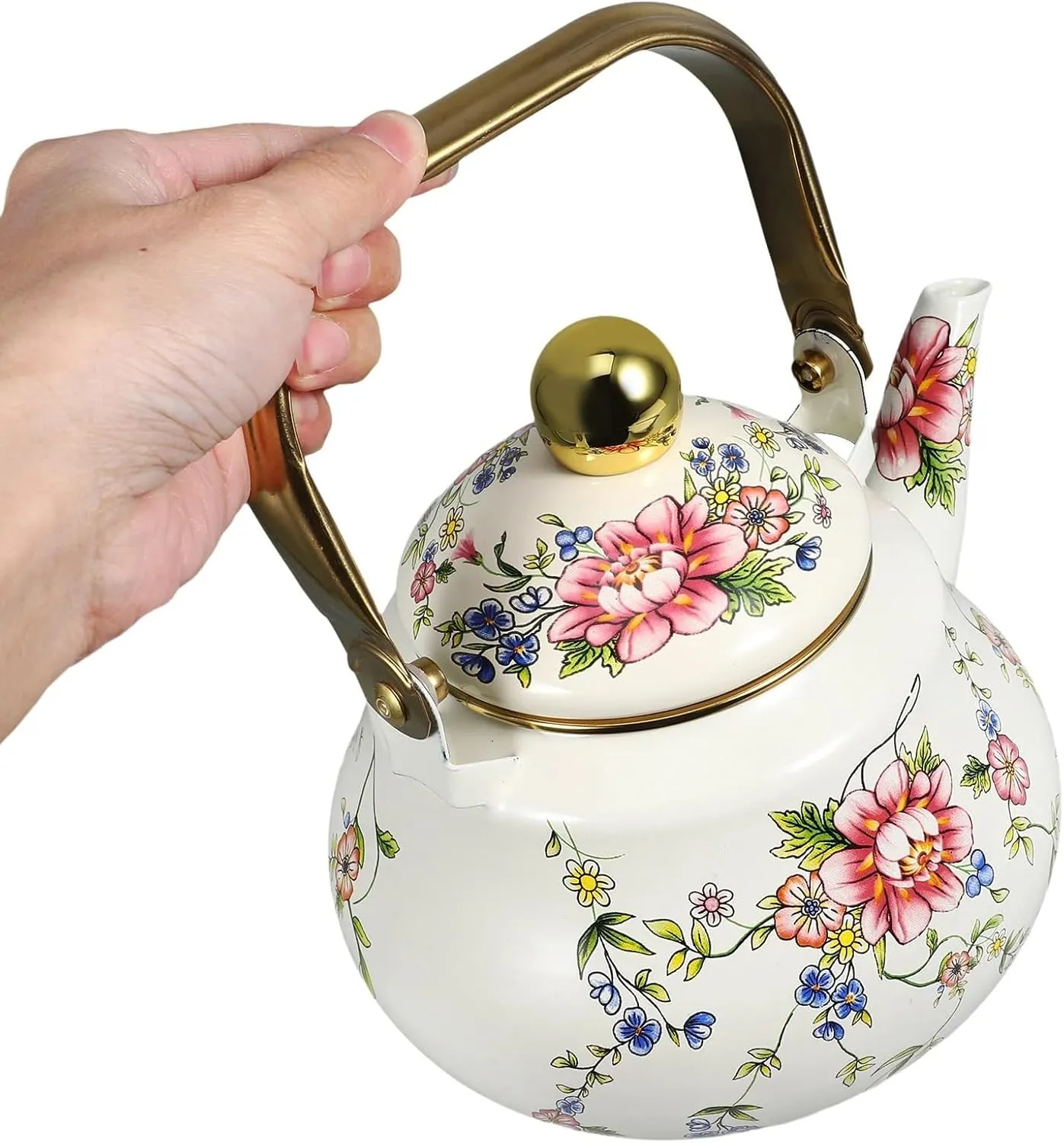 Small Enamel Floral Camp Kettle, Lightweight Outdoor Water Boiler for Backpacking & Hiking(1.5L)