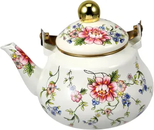 Small Enamel Floral Camp Kettle, Lightweight Outdoor Water Boiler for Backpacking & Hiking(1.5L)