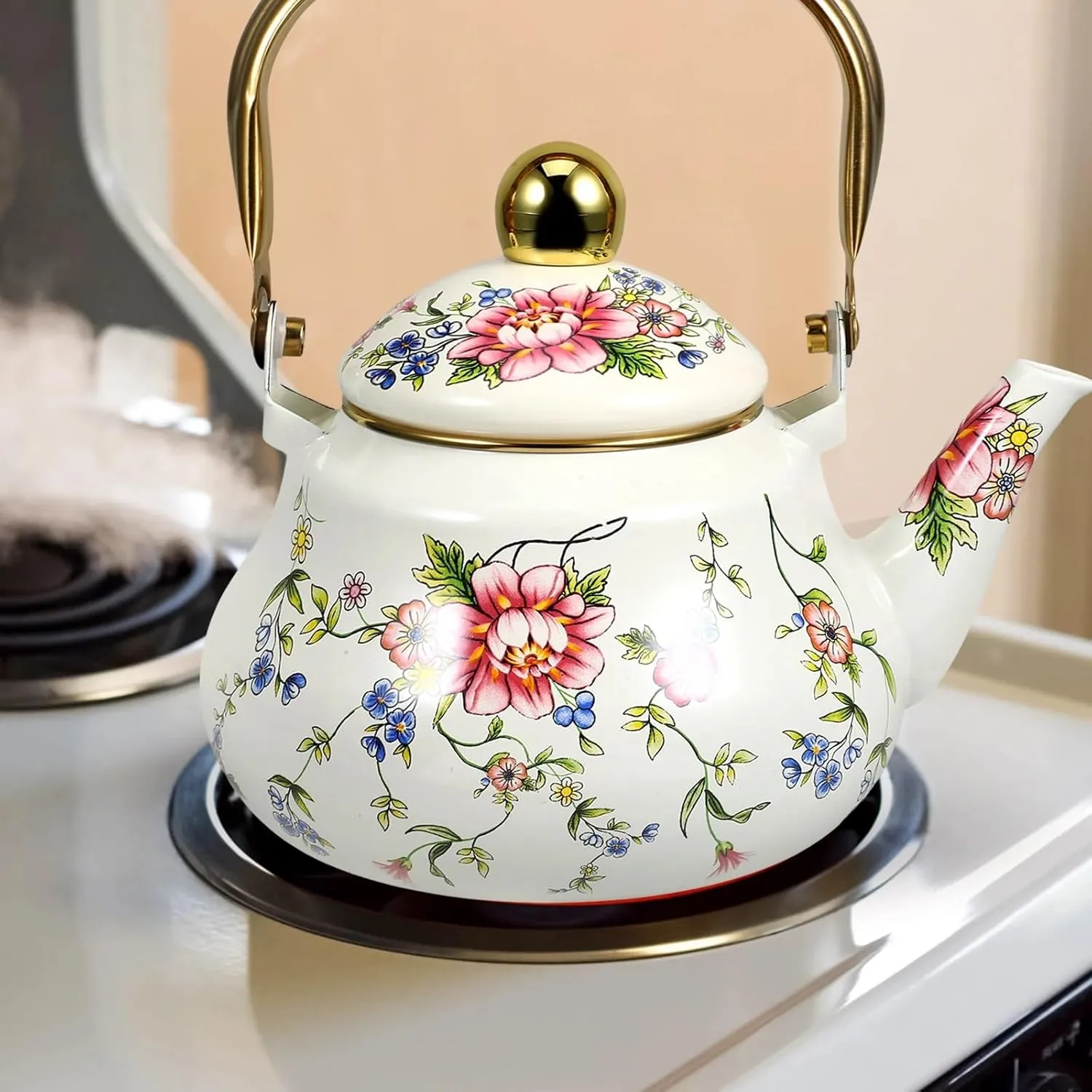 Small Enamel Floral Camp Kettle, Lightweight Outdoor Water Boiler for Backpacking & Hiking(1.5L)