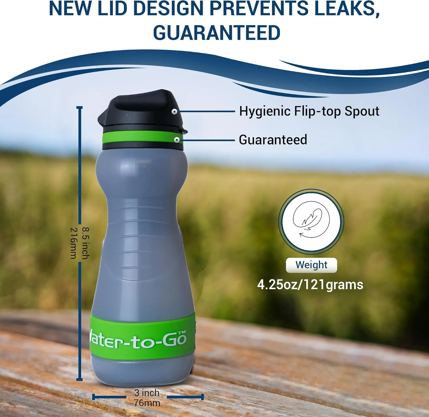 Small Filtered Water Bottle (18.5oz/55cl) Value Bundle with Three Filters, Nanofiltration Water Bottle with Filter for Travel, BPA-Free Bioplastic. Green
