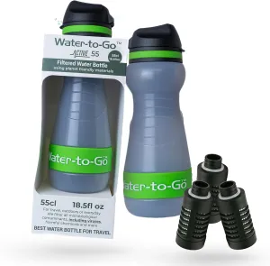 Small Filtered Water Bottle (18.5oz/55cl) Value Bundle with Three Filters, Nanofiltration Water Bottle with Filter for Travel, BPA-Free Bioplastic. Green