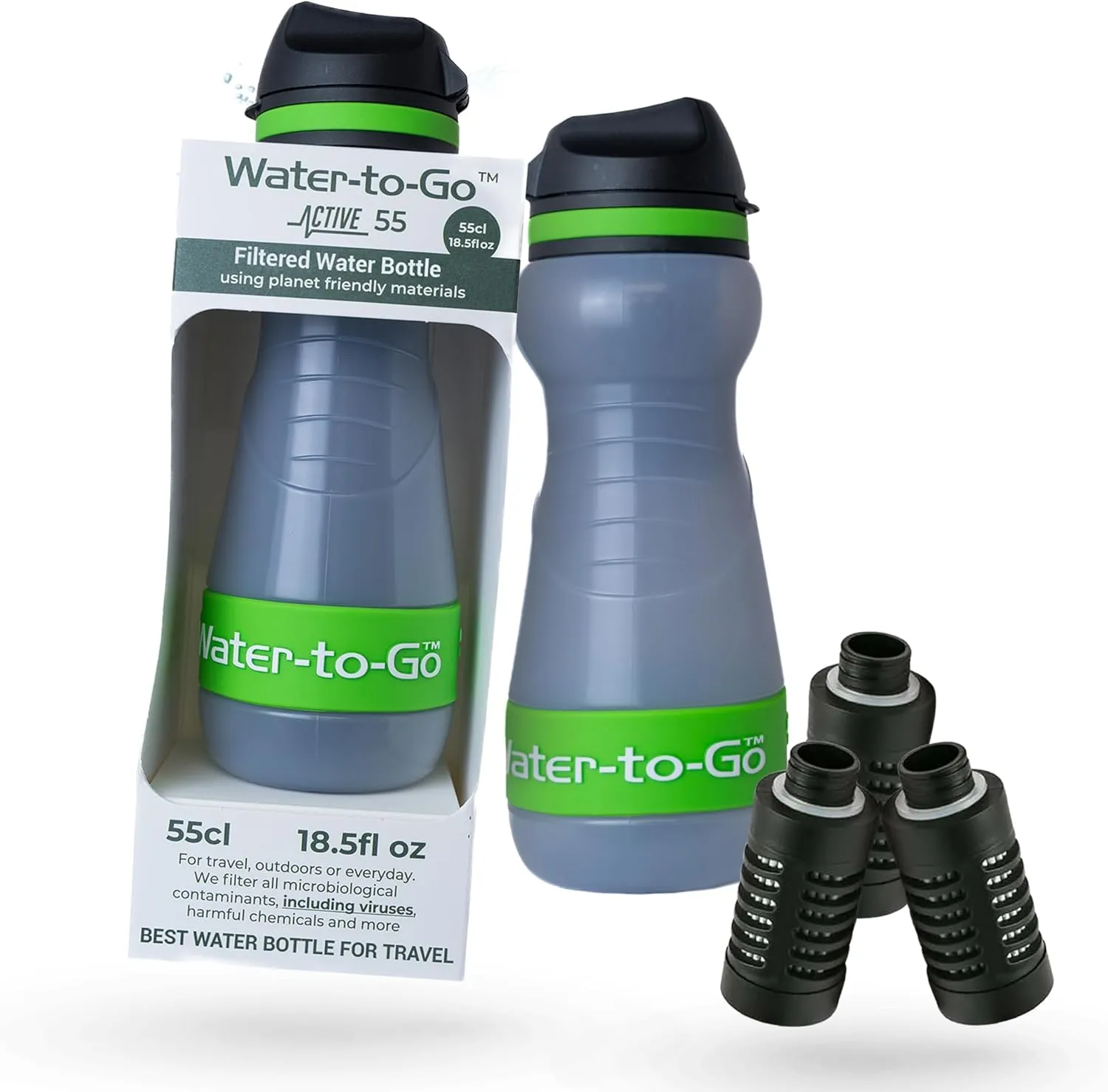Small Filtered Water Bottle (18.5oz/55cl) Value Bundle with Three Filters, Nanofiltration Water Bottle with Filter for Travel, BPA-Free Bioplastic. Green