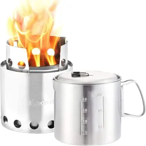 Solo Stove Lite & Pot 900 Set: Portable, Wood Burning Campstove   900 ml Pot | Incl. Nylon Sack, For 1-2 People, 304 Stainless Steel, Compact (packed): 11,9 x 11,5 cm