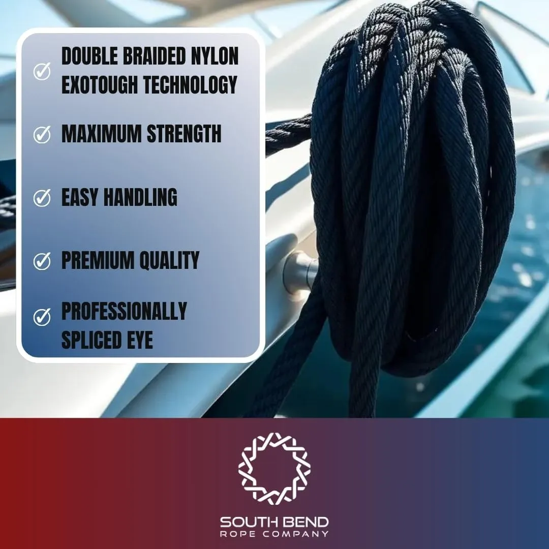 South Bend Rope Double Braid Nylon Dock Line w/Eye Splice (Black, 1/2-inch x 20 feet (2-Pack))