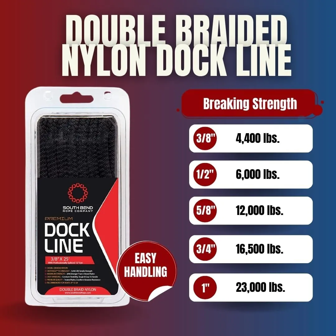 South Bend Rope Double Braid Nylon Dock Line w/Eye Splice (Black, 1/2-inch x 20 feet (2-Pack))