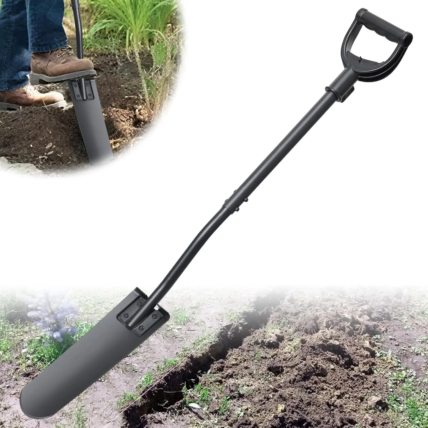 Spade Shovel,15 inch Long Narrow Spade, Heavy Duty Garden Trench Shovel for Digging,Trenching, Planting,Scraping, Edging with Cutting Blade, D Handle, Foot Rest Pedal, 45 Inches Drain Spade