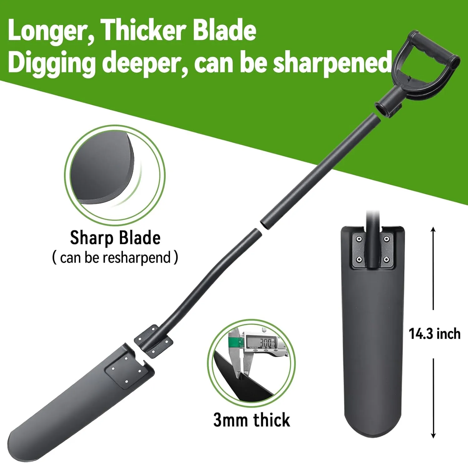 Spade Shovel,15 inch Long Narrow Spade, Heavy Duty Garden Trench Shovel for Digging,Trenching, Planting,Scraping, Edging with Cutting Blade, D Handle, Foot Rest Pedal, 45 Inches Drain Spade