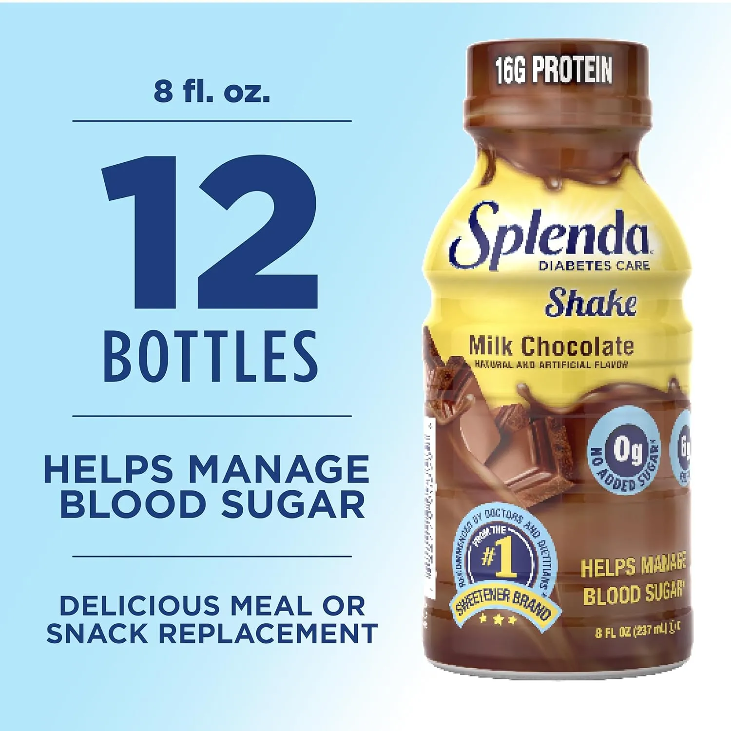 SPLENDA Diabetes Care Shakes - Meal Replacement Shake, 8 Fluid Ounces Per Bottle (Milk Chocolate, 12 Pack)