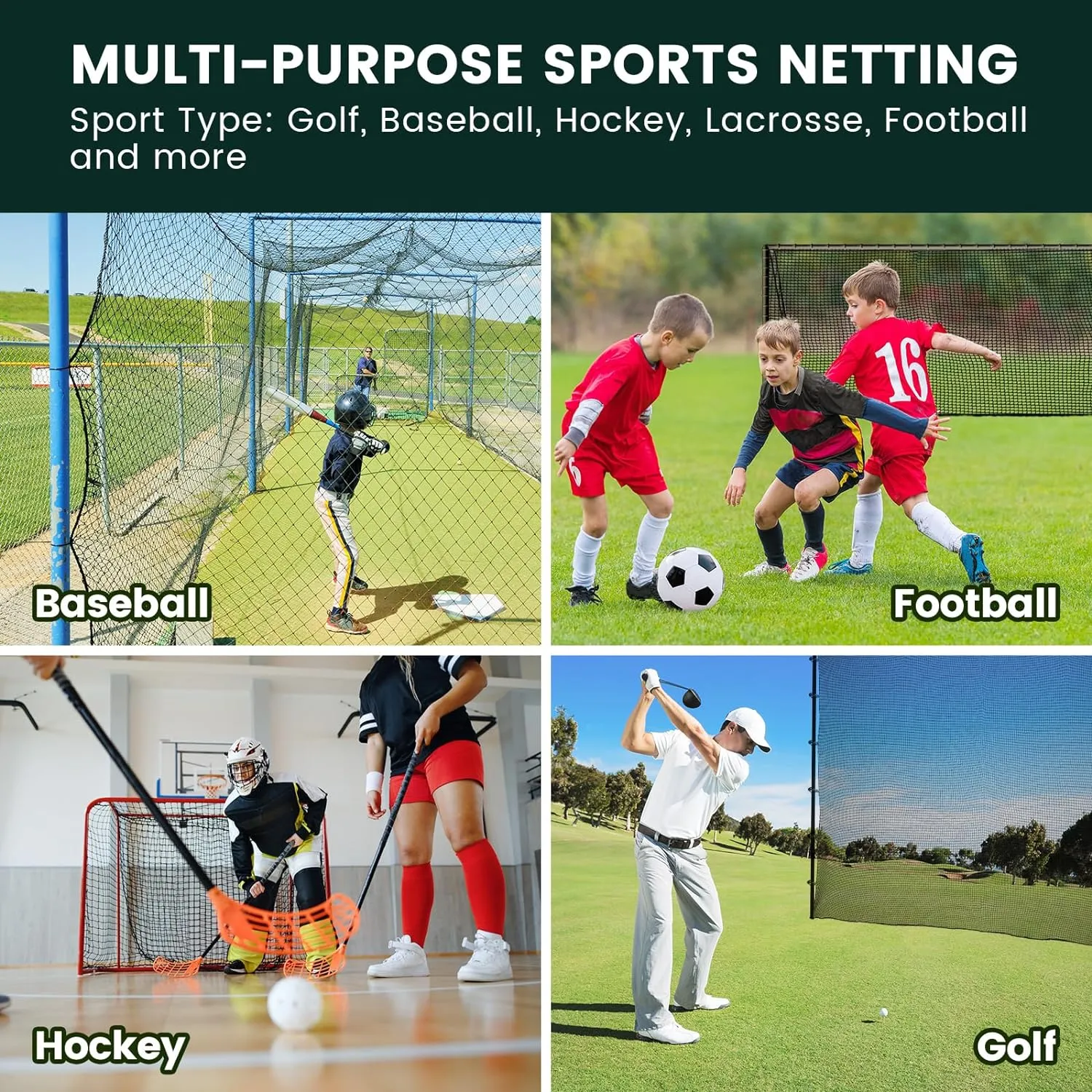 Sports Netting,Golf Practice Net Hitting Net with 33Feet Nylon Rope Also for Baseball, Hockey, Soccer, LAX and More - 10x10ft/10x15ft/10x20ft/10x25ft/10x30ft/10x40ft/10x50ft