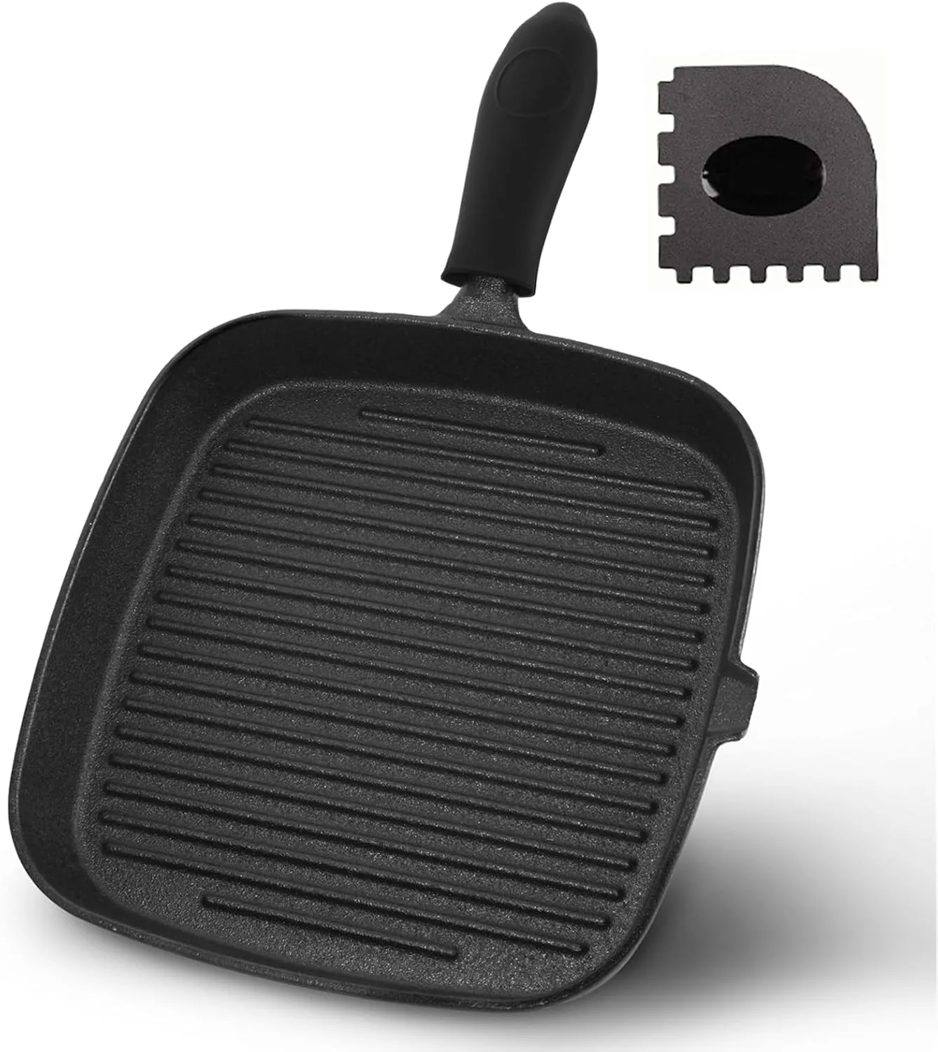 Square Cast Iron Grill Pan, with Silicone Handles Pan Scraper Tool, Stove Top Grill Pan Perfect for Meats Steak Fish and Vegetables, 10 Inch Steak Pan -Black