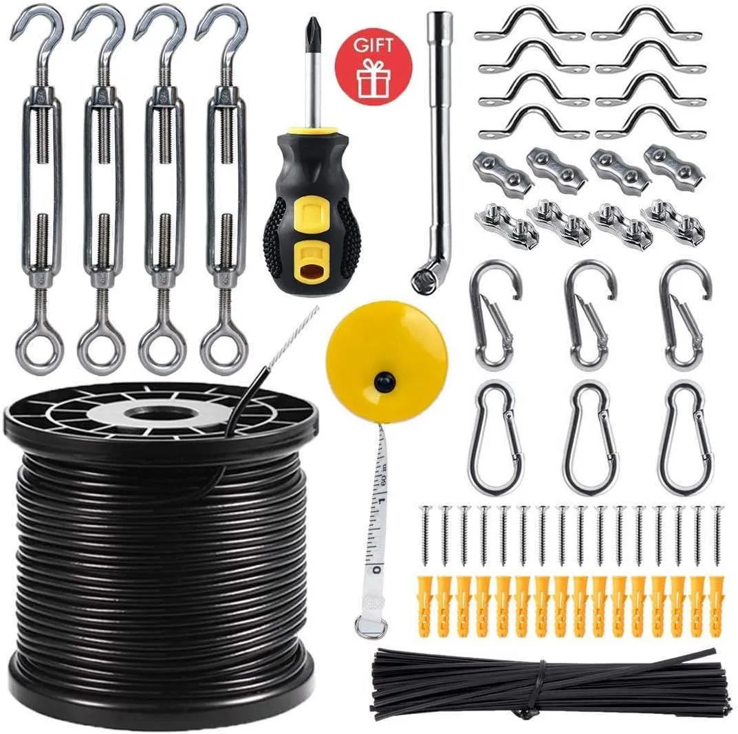 String Light Hanging Kit with 164 Ft Nylon Coated Stainless Steel 304 Wire Rope Suspension Kit Included Enough Accessories, Use Manual,Humanized Collocation,Outdoor