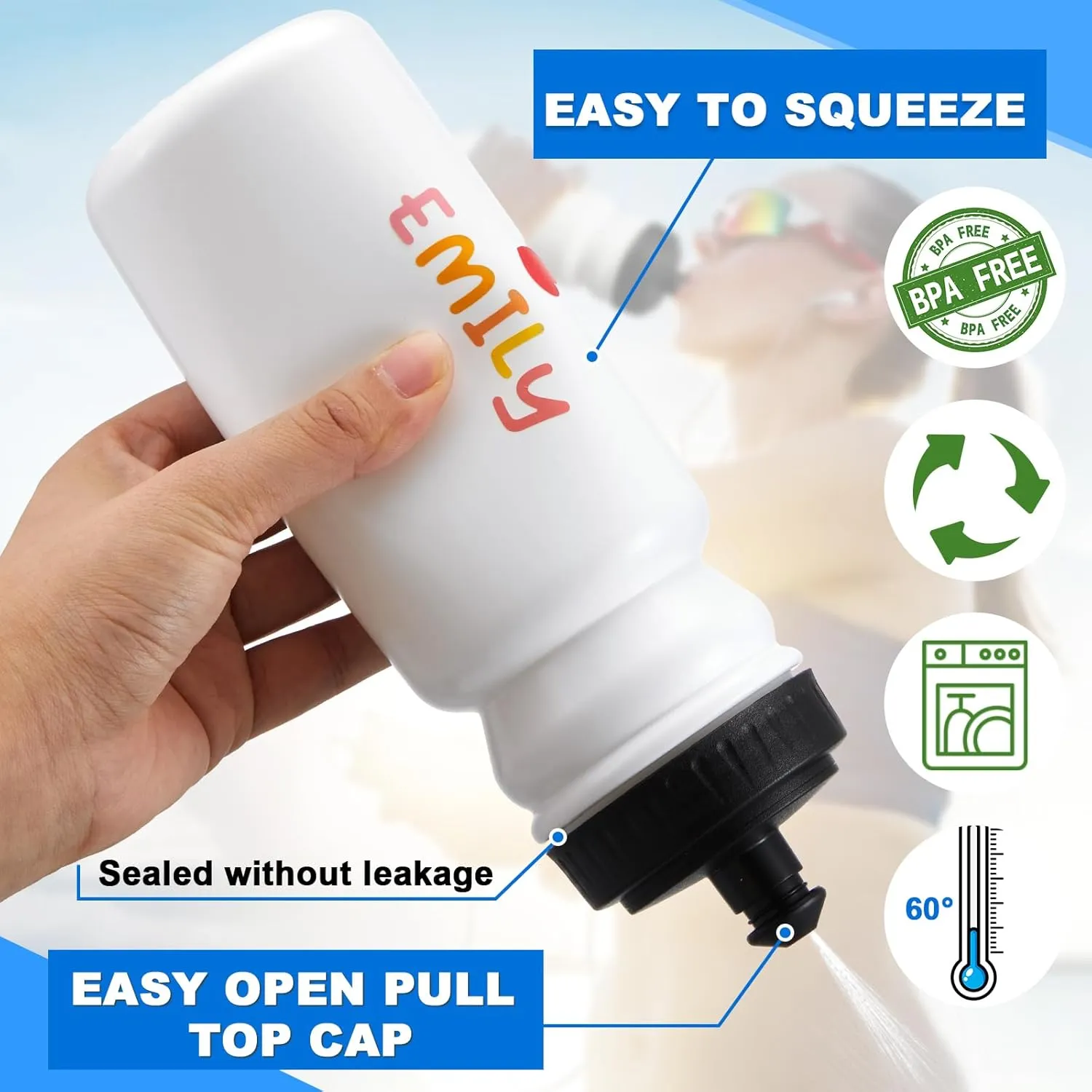Suclain 14 Pcs Water Bottle Carrier with 20 Oz Bottles and Stickers Plastic Wide Mouth Sports Water Bottle Squeeze Team Bottles with Black Lid for Fitness Bike Gym (White)