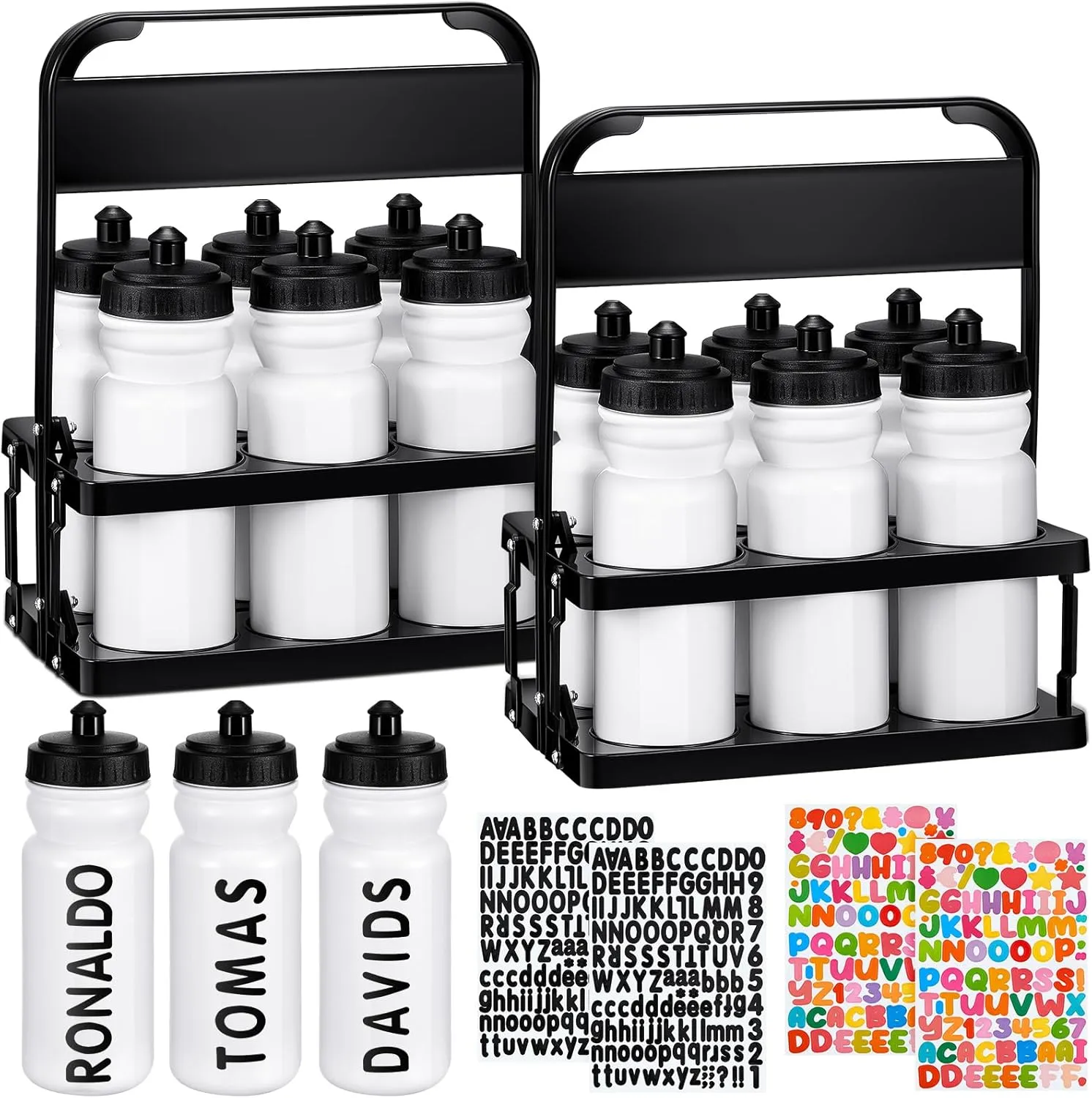 Suclain 14 Pcs Water Bottle Carrier with 20 Oz Bottles and Stickers Plastic Wide Mouth Sports Water Bottle Squeeze Team Bottles with Black Lid for Fitness Bike Gym (White)
