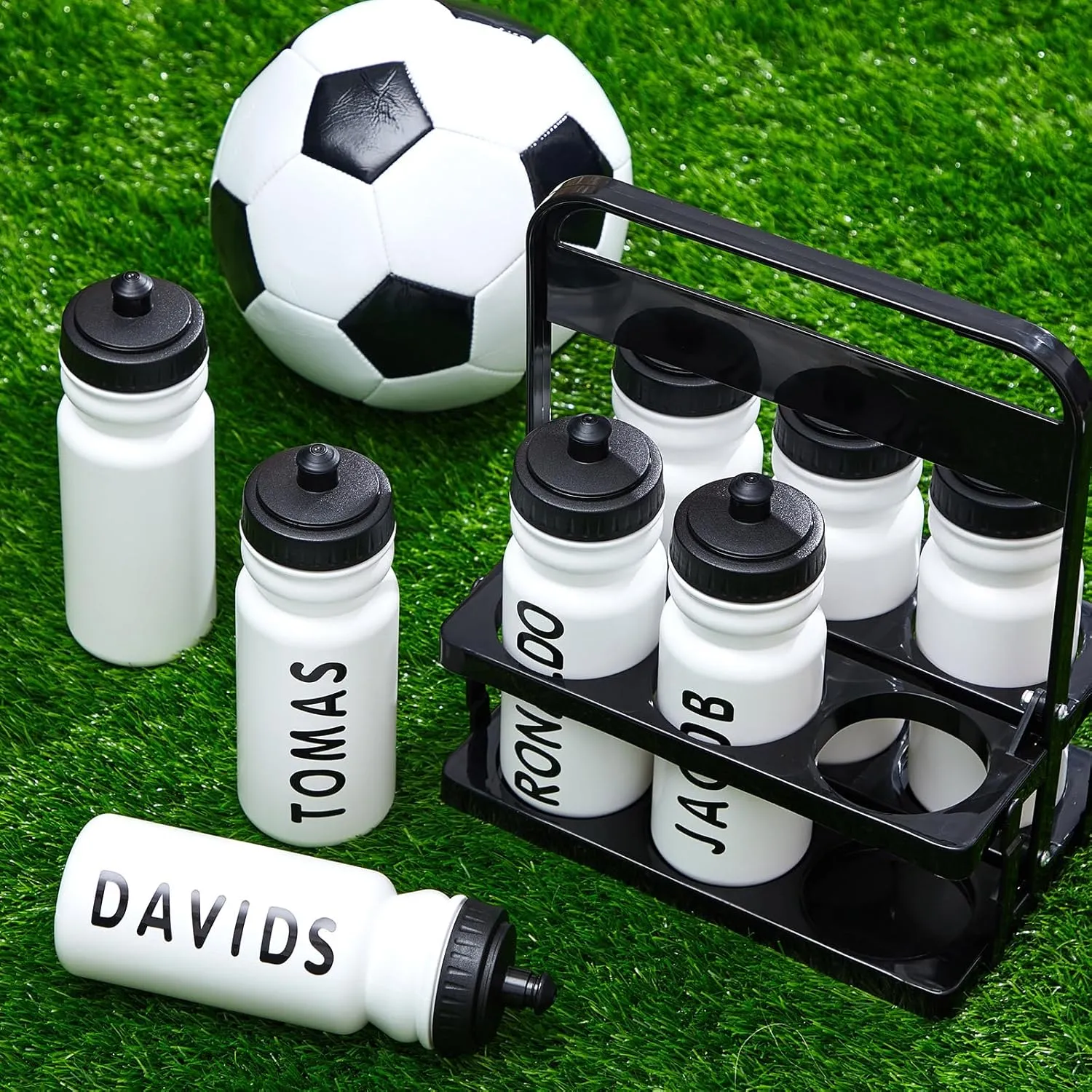 Suclain 14 Pcs Water Bottle Carrier with 20 Oz Bottles and Stickers Plastic Wide Mouth Sports Water Bottle Squeeze Team Bottles with Black Lid for Fitness Bike Gym (White)