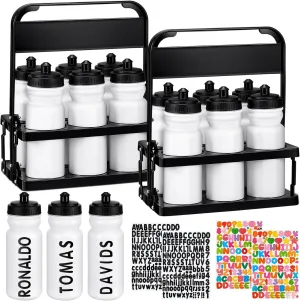 Suclain 14 Pcs Water Bottle Carrier with 20 Oz Bottles and Stickers Plastic Wide Mouth Sports Water Bottle Squeeze Team Bottles with Black Lid for Fitness Bike Gym (White)
