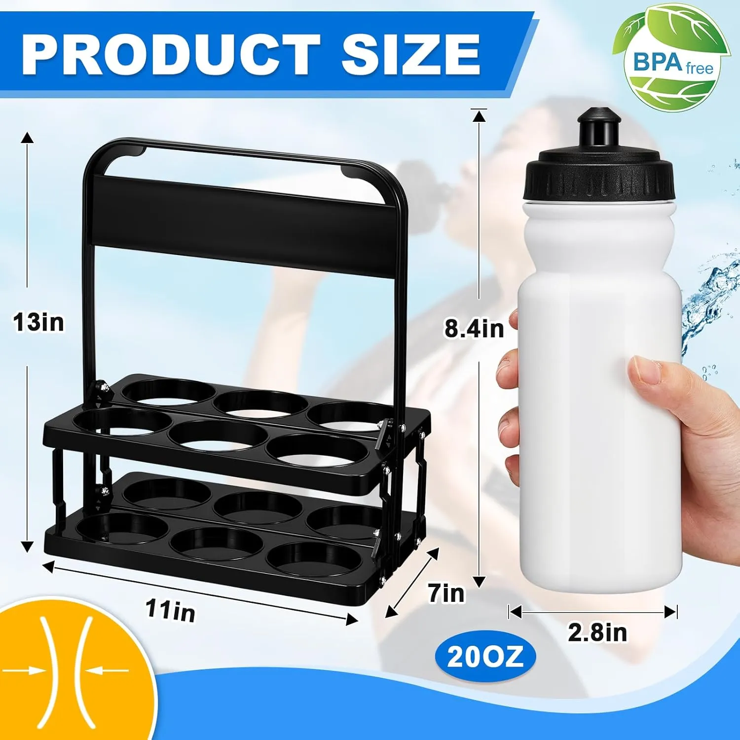 Suclain 14 Pcs Water Bottle Carrier with 20 Oz Bottles and Stickers Plastic Wide Mouth Sports Water Bottle Squeeze Team Bottles with Black Lid for Fitness Bike Gym (White)