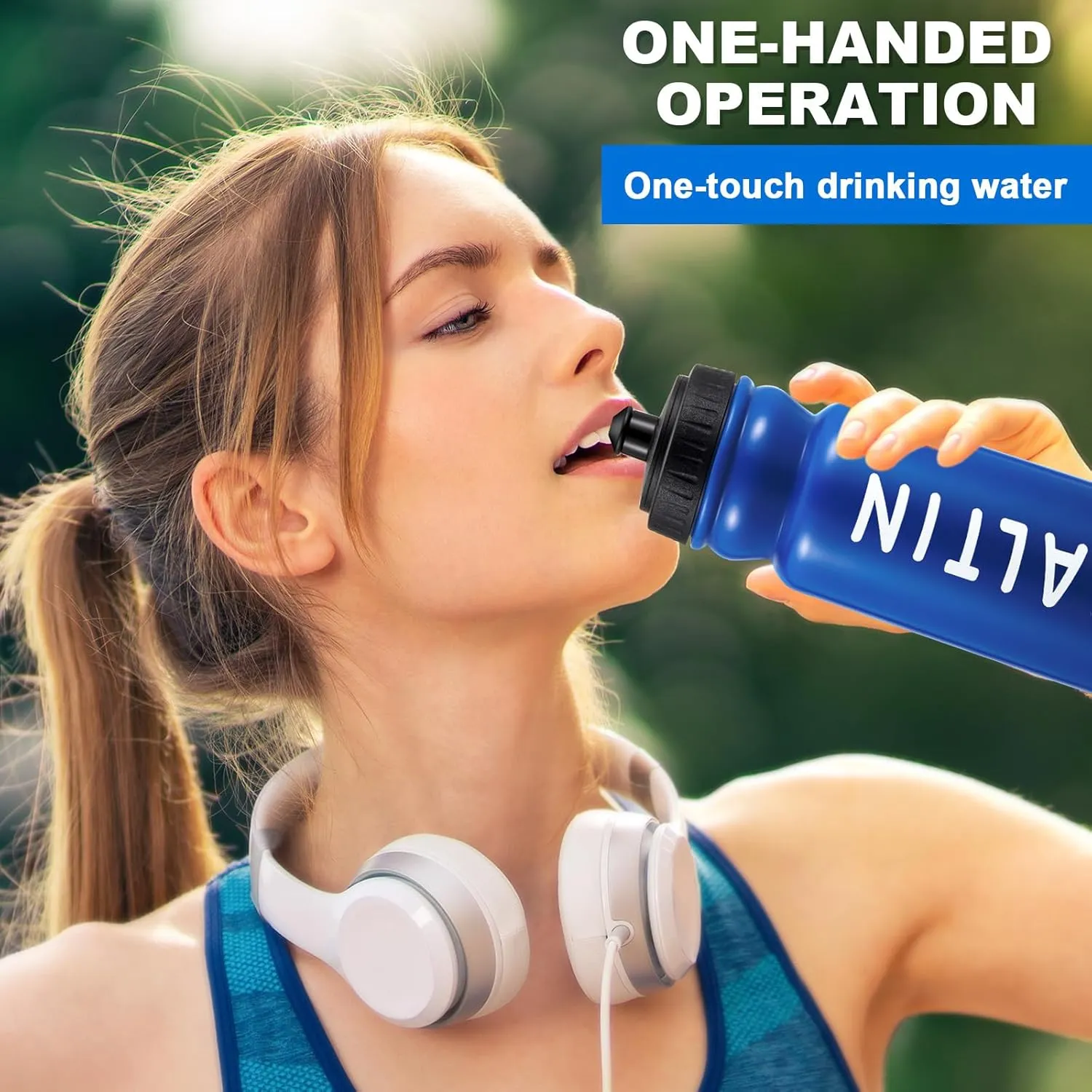Suclain 7 Pcs Water Bottle Carrier with 20 Oz Bottles and Stickers Plastic Wide Mouth Sports Water Bottle Squeeze Team Bottles with Black Lid for Fitness Bike Gym (Dark Blue)