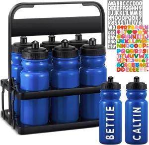 Suclain 7 Pcs Water Bottle Carrier with 20 Oz Bottles and Stickers Plastic Wide Mouth Sports Water Bottle Squeeze Team Bottles with Black Lid for Fitness Bike Gym (Dark Blue)