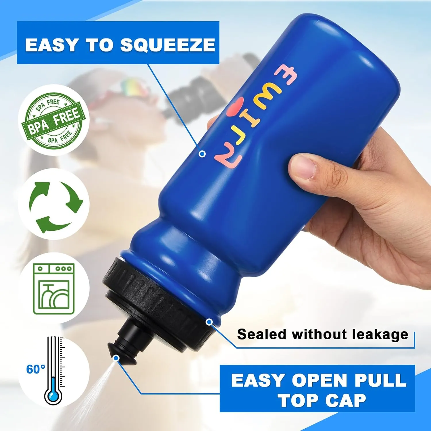 Suclain 7 Pcs Water Bottle Carrier with 20 Oz Bottles and Stickers Plastic Wide Mouth Sports Water Bottle Squeeze Team Bottles with Black Lid for Fitness Bike Gym (Dark Blue)