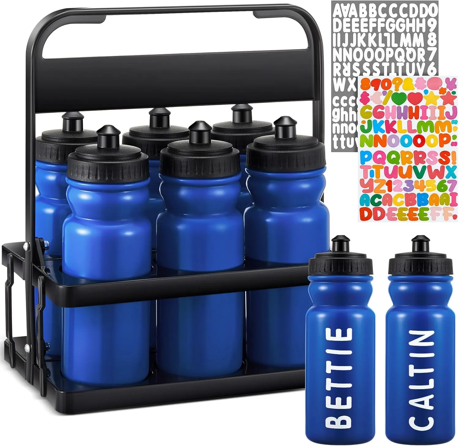 Suclain 7 Pcs Water Bottle Carrier with 20 Oz Bottles and Stickers Plastic Wide Mouth Sports Water Bottle Squeeze Team Bottles with Black Lid for Fitness Bike Gym (Dark Blue)