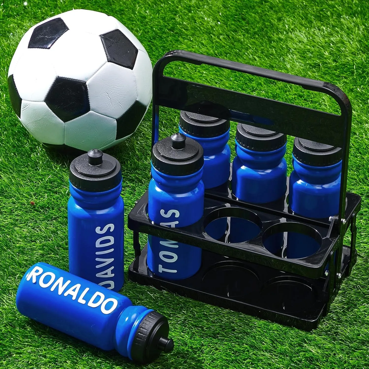 Suclain 7 Pcs Water Bottle Carrier with 20 Oz Bottles and Stickers Plastic Wide Mouth Sports Water Bottle Squeeze Team Bottles with Black Lid for Fitness Bike Gym (Dark Blue)