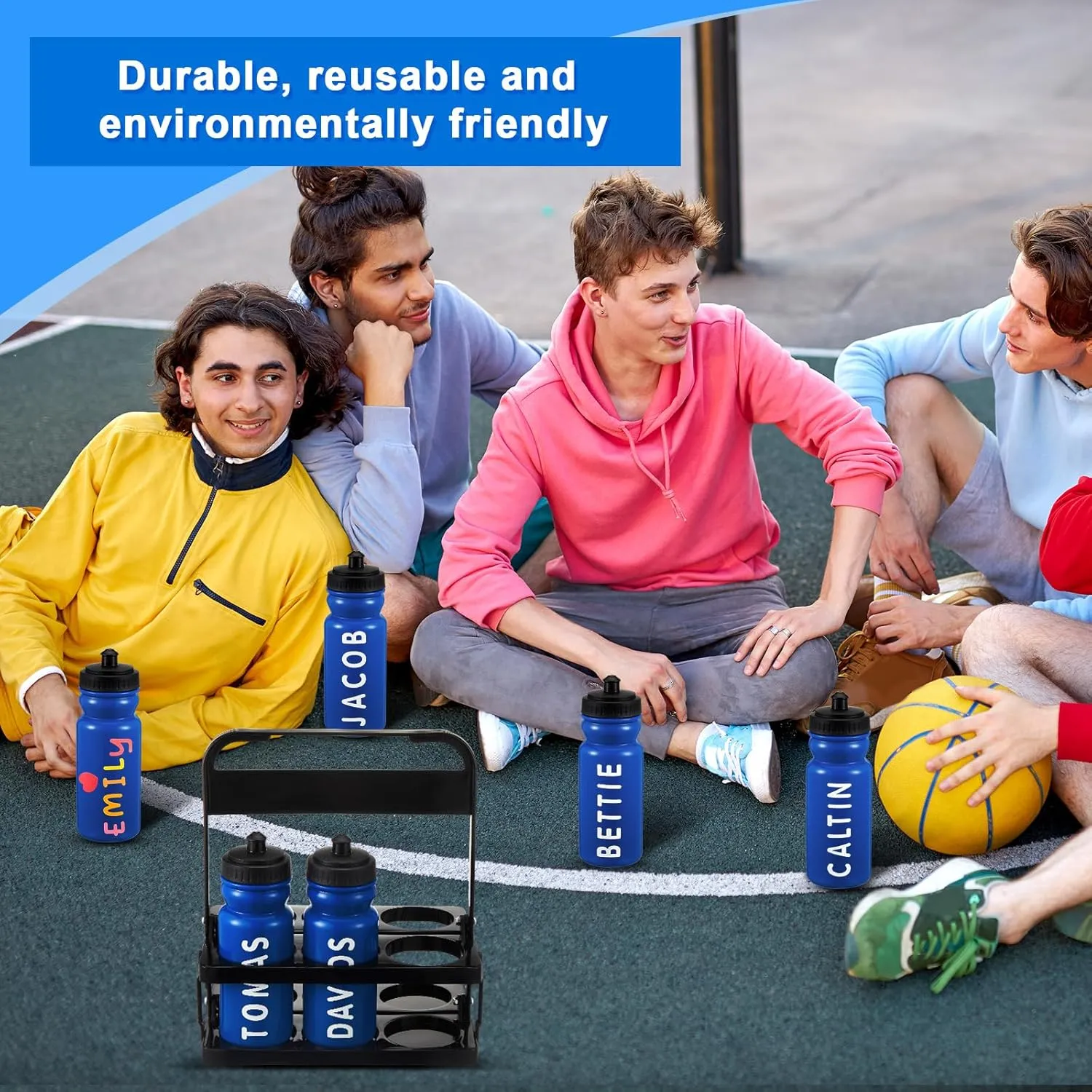Suclain 7 Pcs Water Bottle Carrier with 20 Oz Bottles and Stickers Plastic Wide Mouth Sports Water Bottle Squeeze Team Bottles with Black Lid for Fitness Bike Gym (Dark Blue)