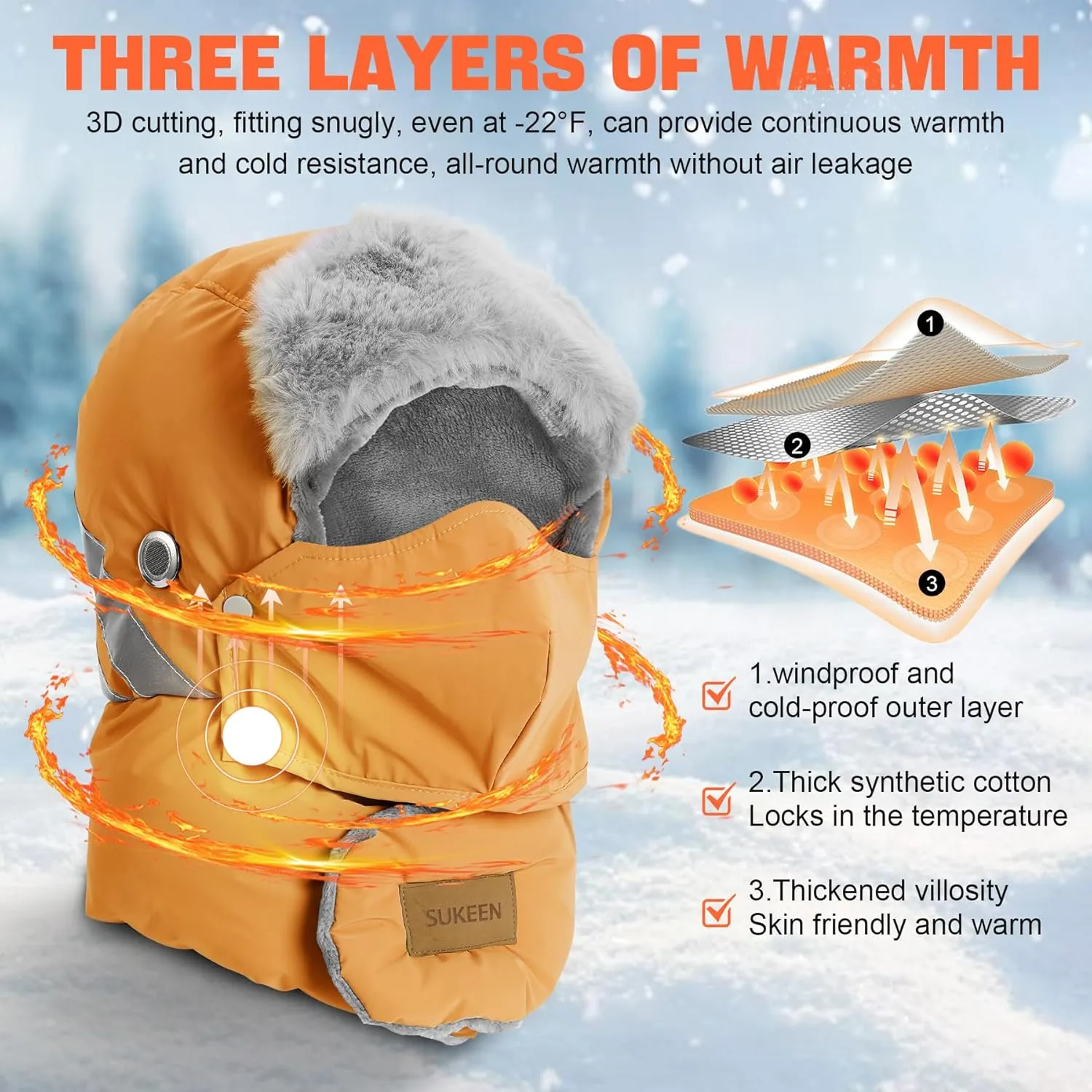 Sukeen Trapper Hats Windproof Winter Hat Water Repellent‌ Warm Hat Lightweight Earflap Hat with Mask for Cold Snow Weather