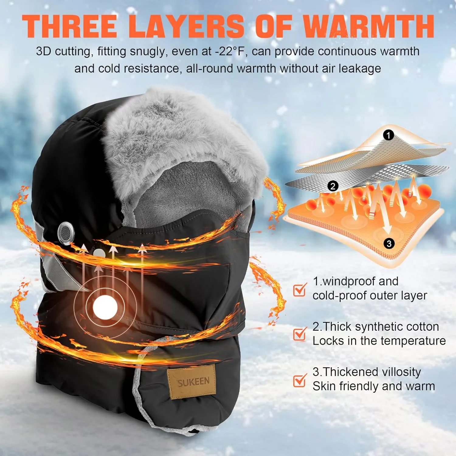 Sukeen Trapper Hats Windproof Winter Hat Water Repellent‌ Warm Hat Lightweight Earflap Hat with Mask for Cold Snow Weather