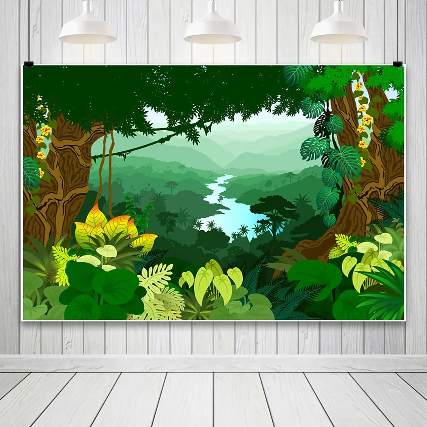 Summer Forest 8x6ft Backdrop for Photography Cartoon Jungle Tropical Plants Trees Green Leaves Flowers Mountain River Background Wall Banner Decor Portrait Photo Studio Props