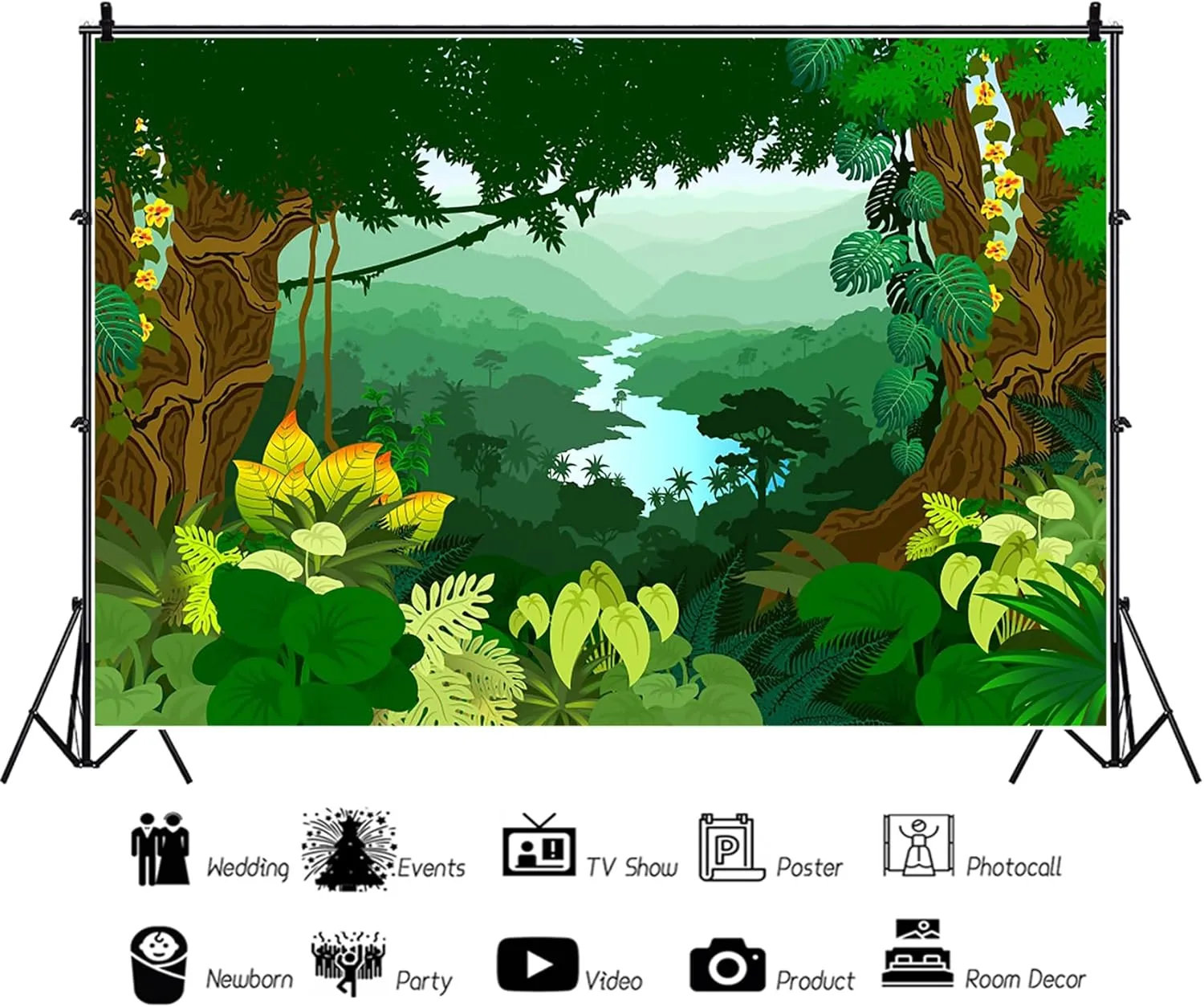 Summer Forest 8x6ft Backdrop for Photography Cartoon Jungle Tropical Plants Trees Green Leaves Flowers Mountain River Background Wall Banner Decor Portrait Photo Studio Props