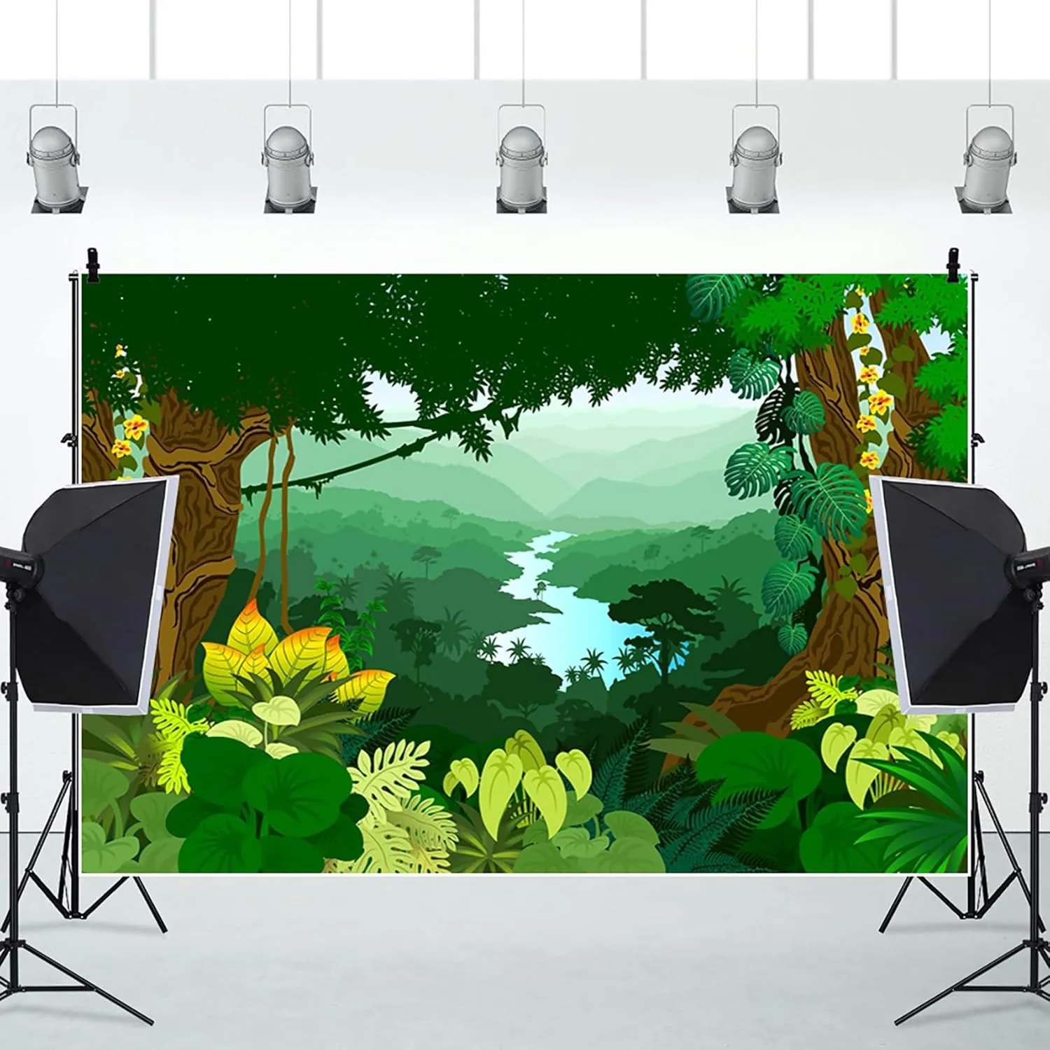Summer Forest 8x6ft Backdrop for Photography Cartoon Jungle Tropical Plants Trees Green Leaves Flowers Mountain River Background Wall Banner Decor Portrait Photo Studio Props