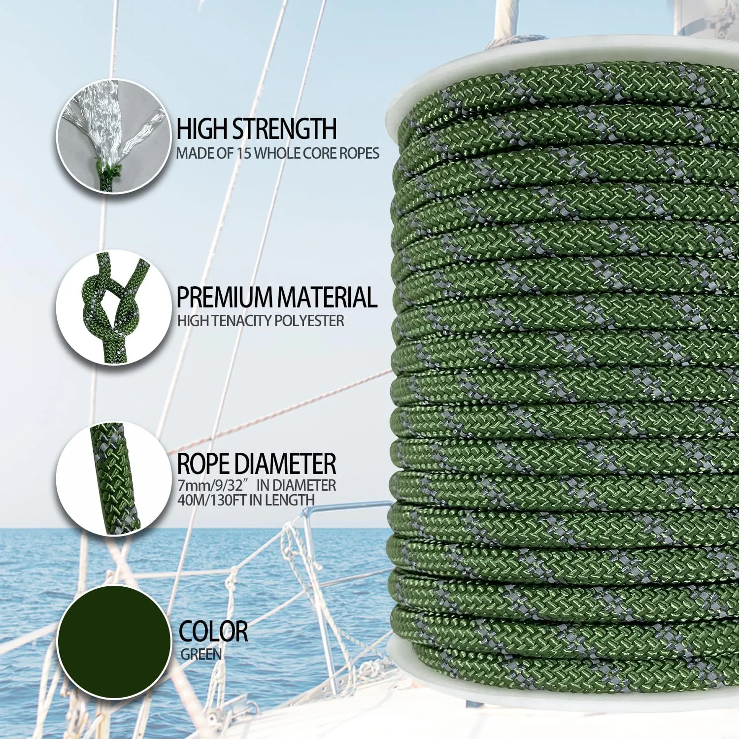 Sutekus 5/16" Accessory Cord Rope High Strength Utility Paracord 8mm Reflective Paracord Hiking Fishing Climbing Packaging 130FT (7mm Green)