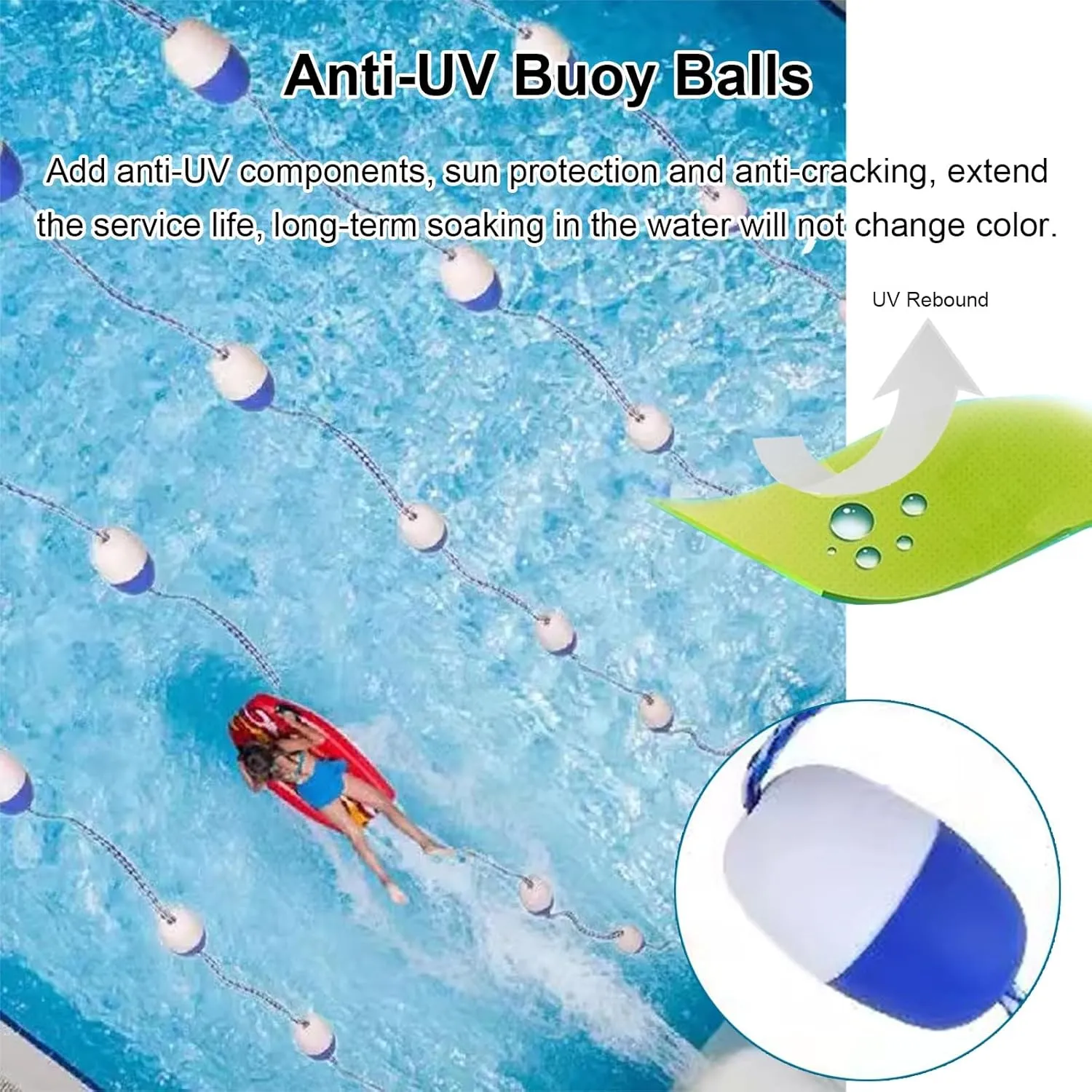 Swimming Pool Safety Float Line Divider Rope, Hotel Villa Pool Floating Warning Line with Hooks, 15 20 25 25 30 40 50 60 190 200 Ft Swim Lane Dividers Cord(3.3 ft)