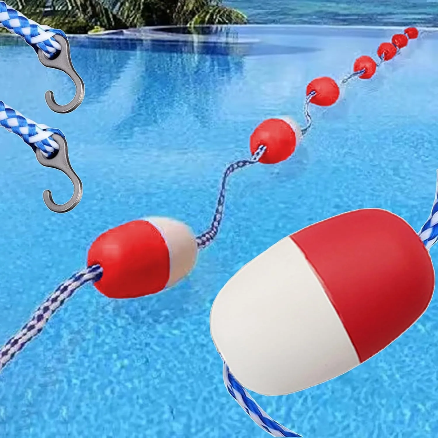 Swimming Pools Safety Divider Rope Kits, Public Pool/Separating Deep Shallow End Water Area Safety Float Line, Custom Length Floating Warning Lines with Red White Buoy(23.0 feet)