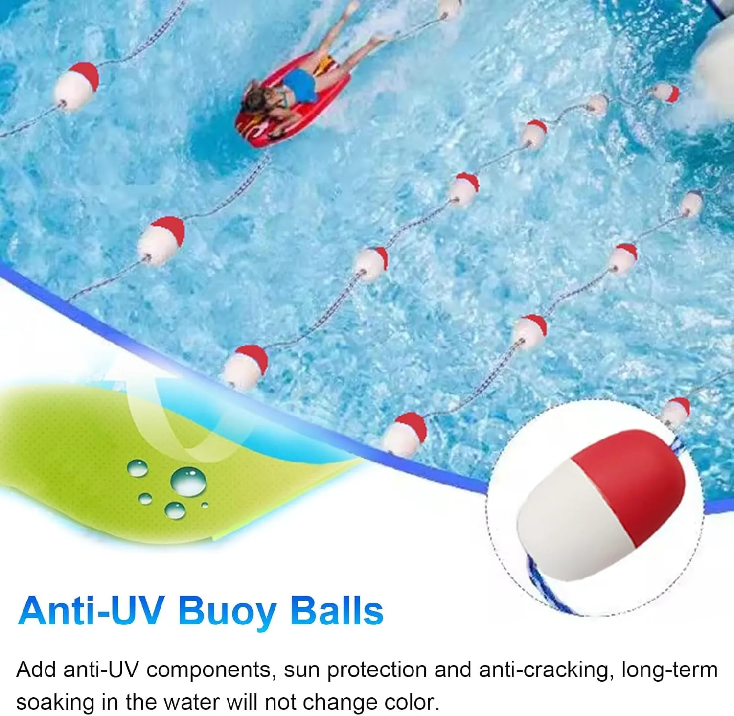 Swimming Pools Safety Divider Rope Kits, Public Pool/Separating Deep Shallow End Water Area Safety Float Line, Custom Length Floating Warning Lines with Red White Buoy(23.0 feet)
