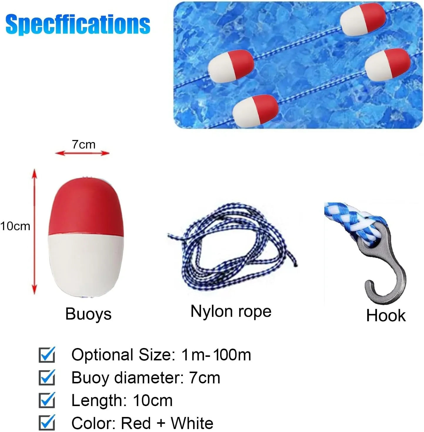 Swimming Pools Safety Divider Rope Kits, Public Pool/Separating Deep Shallow End Water Area Safety Float Line, Custom Length Floating Warning Lines with Red White Buoy(23.0 feet)