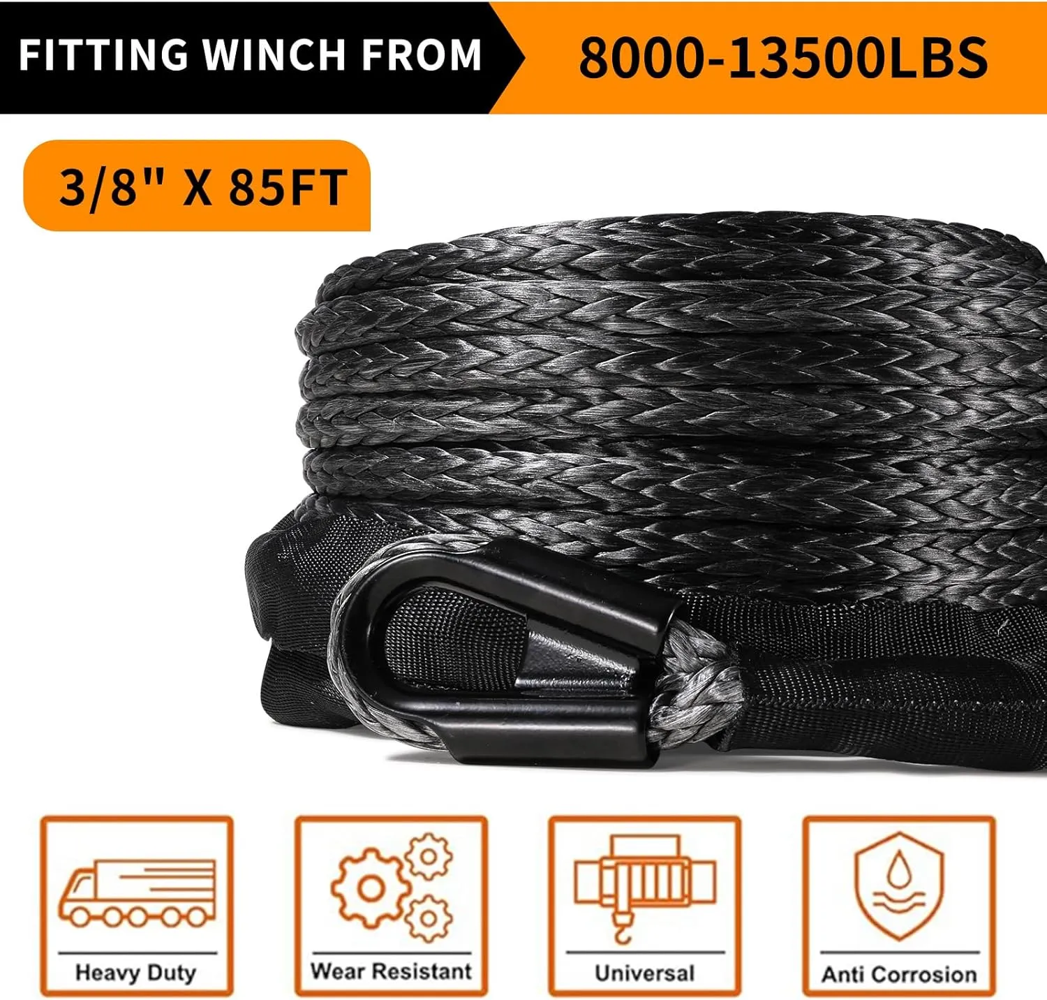 Synthetic Winch Rope, 3/8" x 85'-25000 LBs Dyneema Synthetic Winch Rope Line Cable with Protective Sleeve for Truck 4WD Off-Road Vehicle Winch Accessory