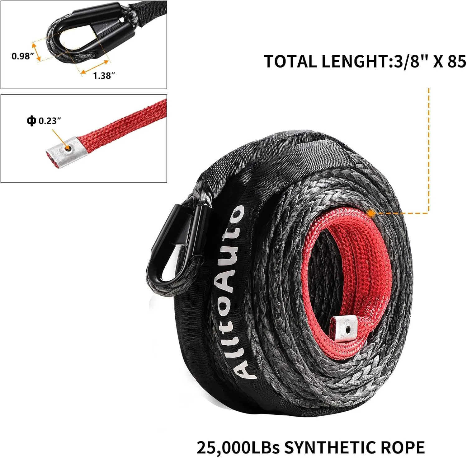 Synthetic Winch Rope, 3/8" x 85'-25000 LBs Dyneema Synthetic Winch Rope Line Cable with Protective Sleeve for Truck 4WD Off-Road Vehicle Winch Accessory